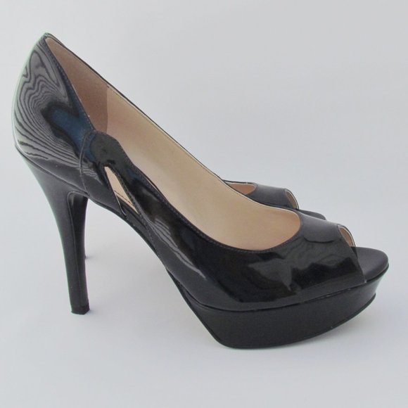 Marc Fisher Tumble 3 BLACK PLATFORM PUMPS Peep Toe Patent Look Heels 9 M - Picture 3 of 11